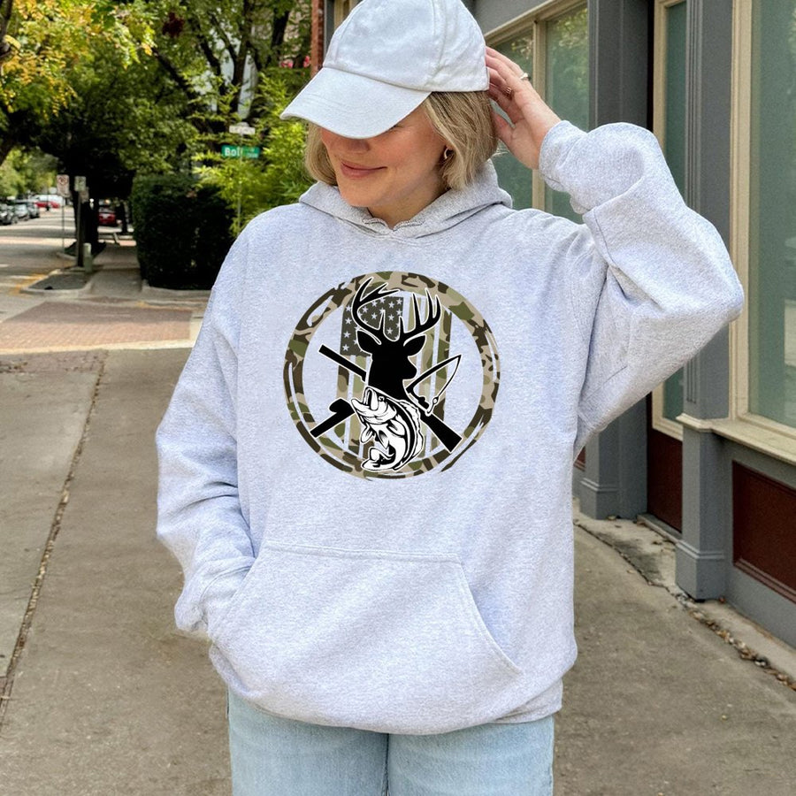 Hunting Camo Hoodie | American Flag Deer Antler Fish Graphic | Cotton-Poly Premium Blend | Gift for Outdoorsman Hunter Fisherman