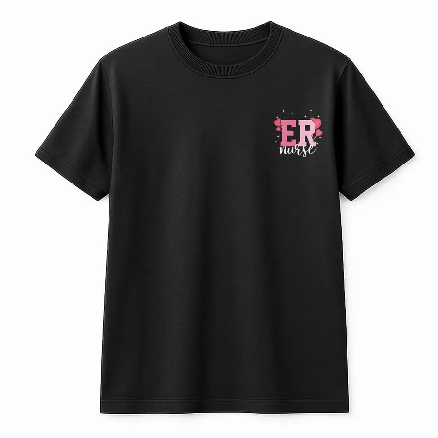 ER Nurse Valentine T-Shirt | Cute Heart Graphic Left Chest Tee | Soft Cotton Apparel | Gift for Emergency Department Staff
