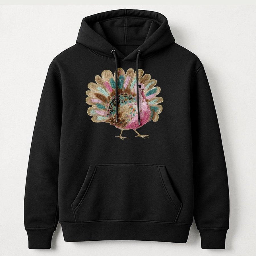 Thanksgiving Turkey Hoodie | Faux Yarn Colorful Feather Art | Premium Cotton Blend Sweatshirt | Cute Fall Holiday Gift for Women Men