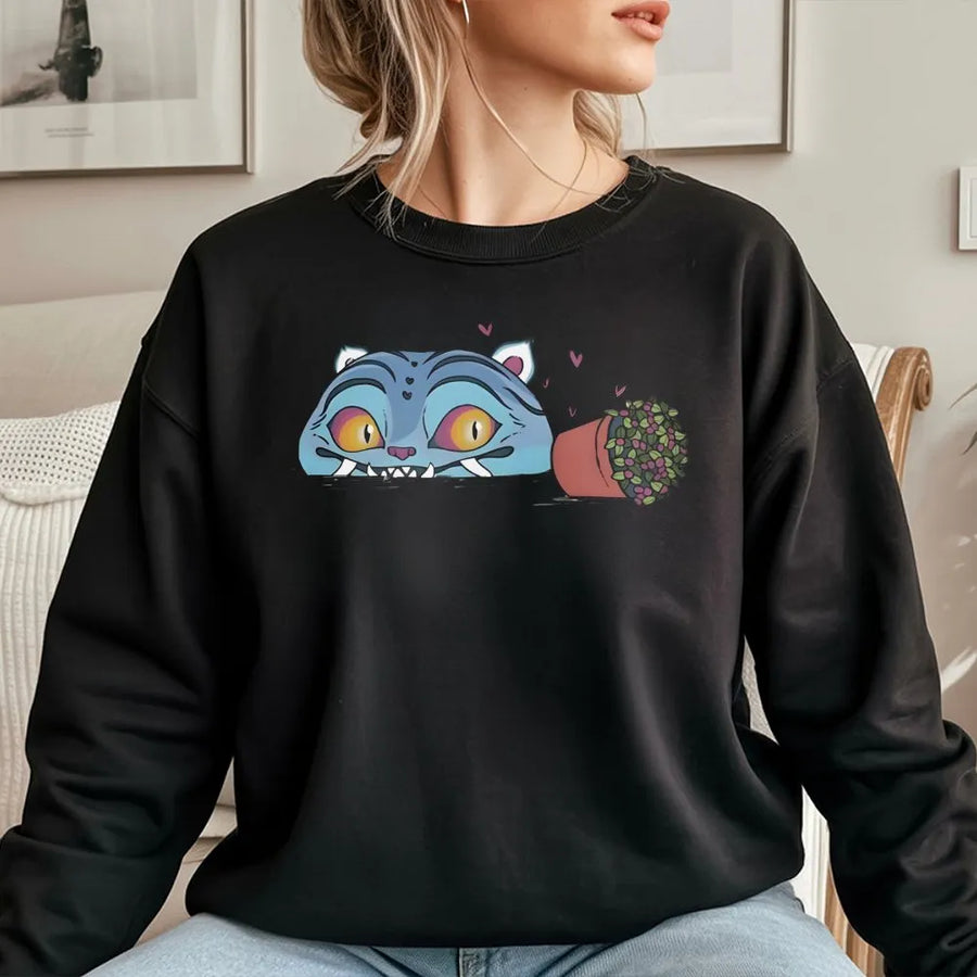 Whimsical Cat Sweatshirt | Derpy Monster Kitty With Potted Plant | Premium Cotton Blend | Gift For Cat Lovers And Anime Fans