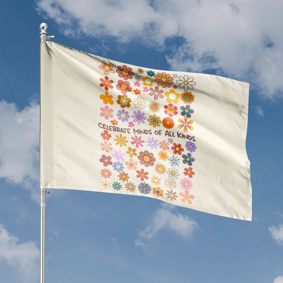 Celebrate Minds Of All Kinds House Flag | Retro Groovy Floral Garden Decor | Weather-Resistant Premium Polyester | Gift For Neurodiversity Awareness
