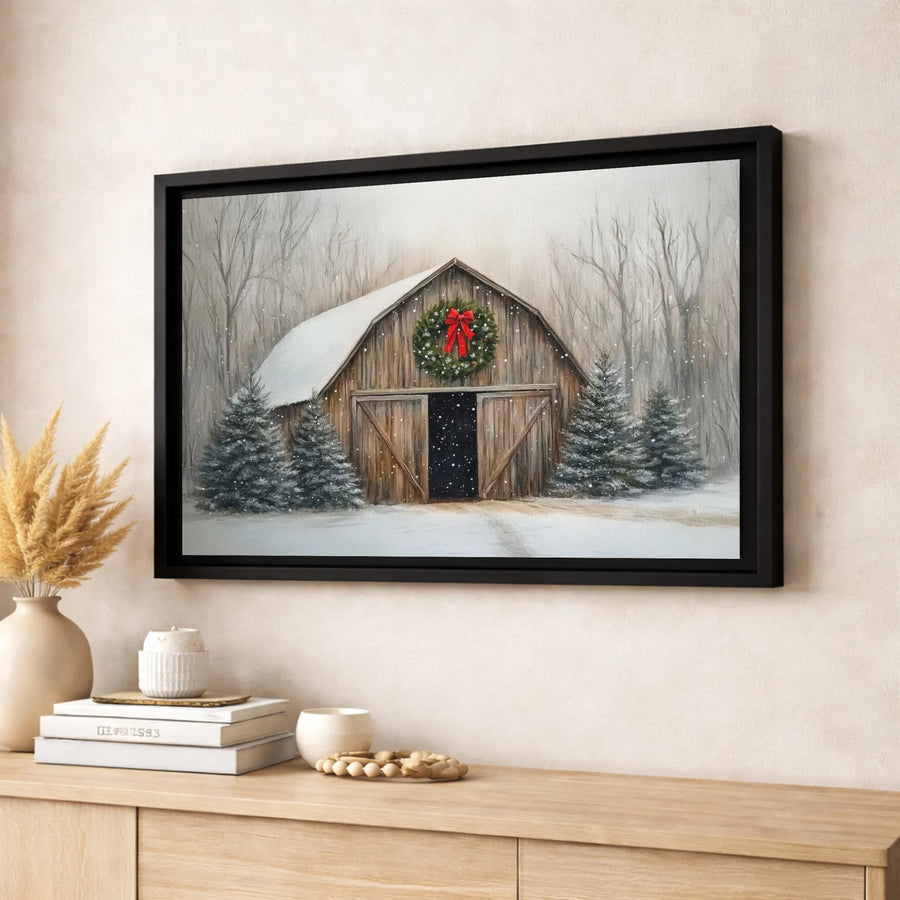 Rustic Winter Barn Canvas Wall Art | Snowy Farmhouse Christmas Wreath Print | Premium Fade-Resistant Gallery Wrap | Festive Holiday Home Decor Gift