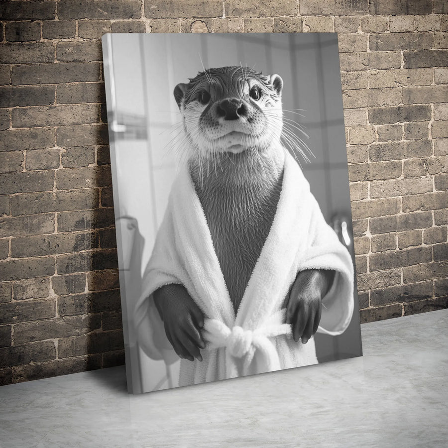 Funny Otter In Bathrobe Canvas | Whimsical Animal Bathroom Wall Art | Premium Gallery Wrap Print | Unique Gift For Animal Lovers