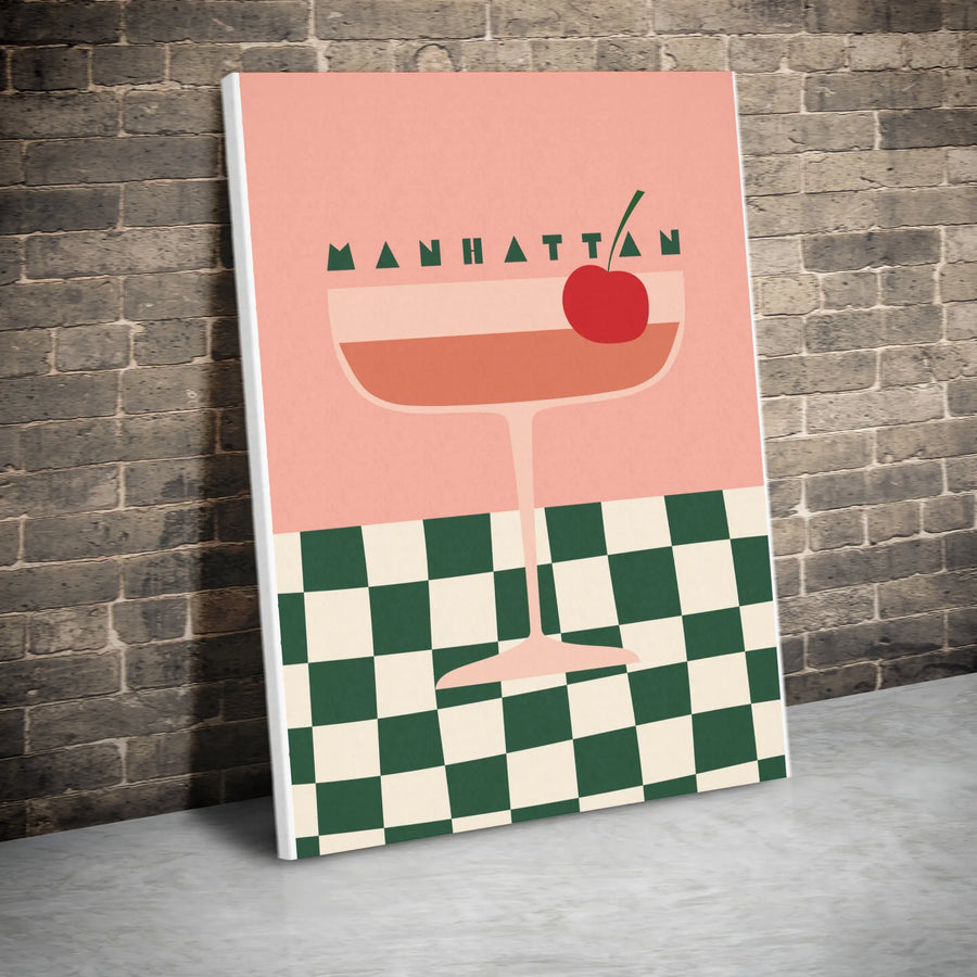 Manhattan Cocktail Wall Art | Retro Checkerboard Bar Cart Print | Premium 1.25" Thick Canvas | Unique Gift for Cocktail Lover