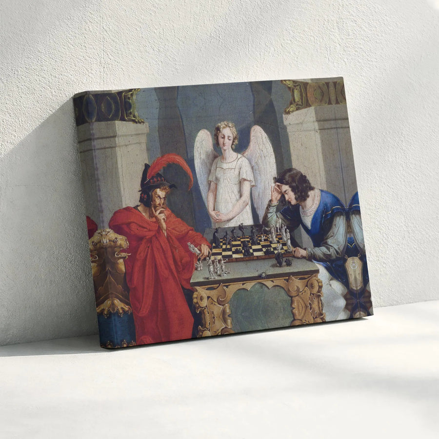 The Chess Players Canvas Wall Art | Moritz Retzsch Classic Painting Reproduction | Premium Gallery Wrap Print | Gothic Home Decor & Office Gift