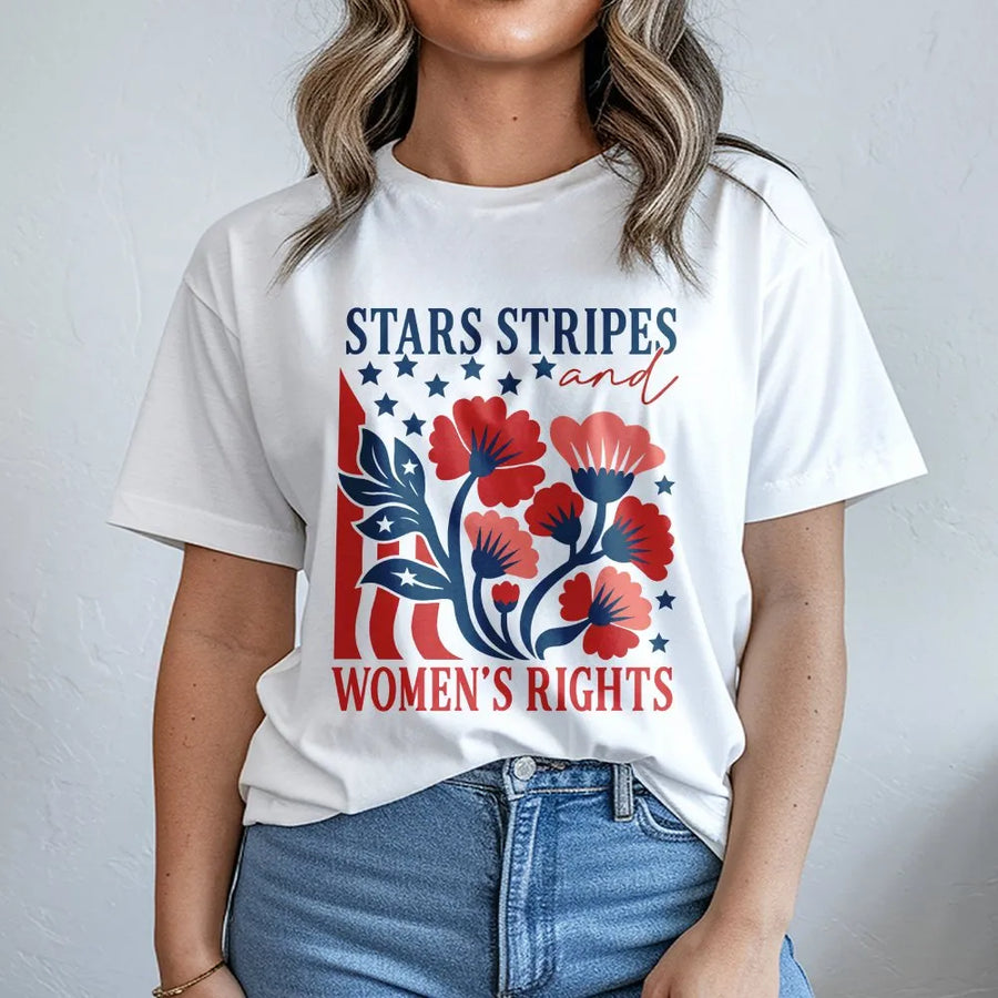 Feminist 4th of July T-Shirt | Stars Stripes & Womens Rights Print | Soft Cotton Blend Pullover | Patriotic Gift for Her