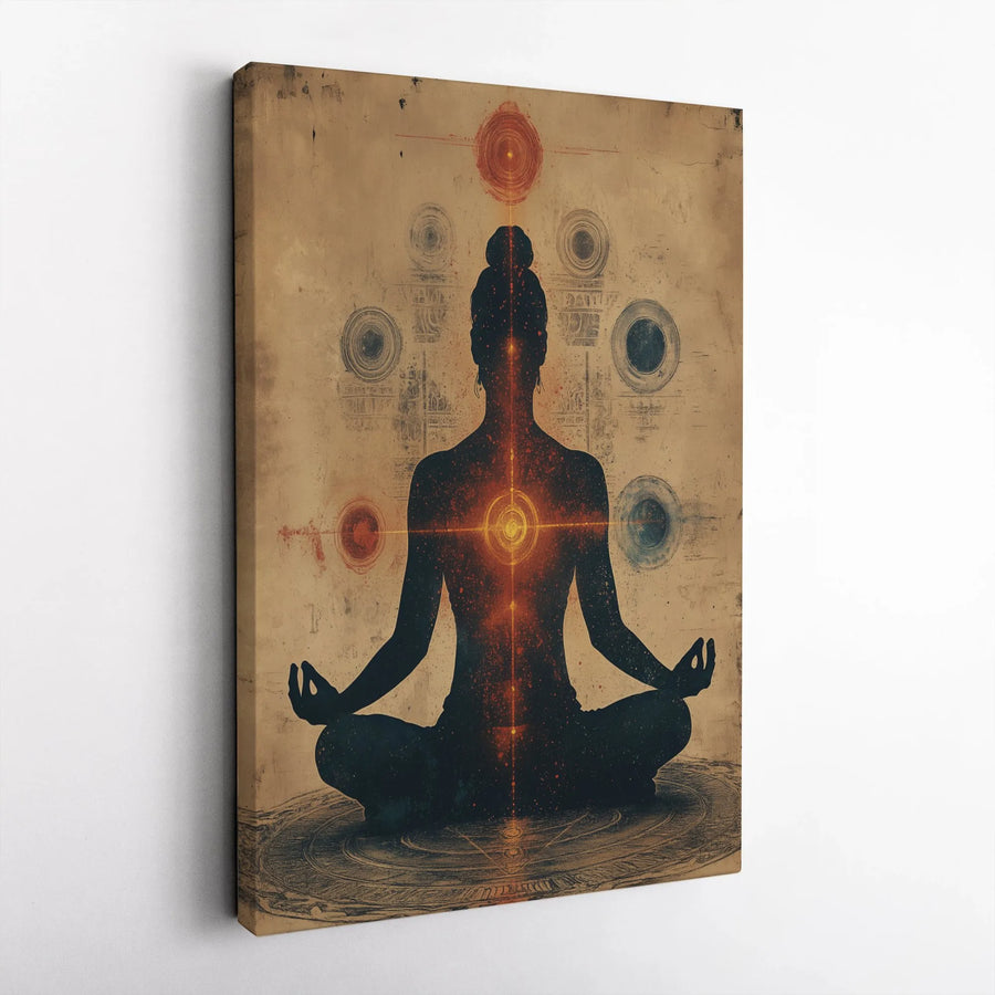 Spiritual Yoga Meditation Canvas | Chakra Alignment Silhouette Art | Premium Gallery Wrap Decor | Zen Home Office Gift