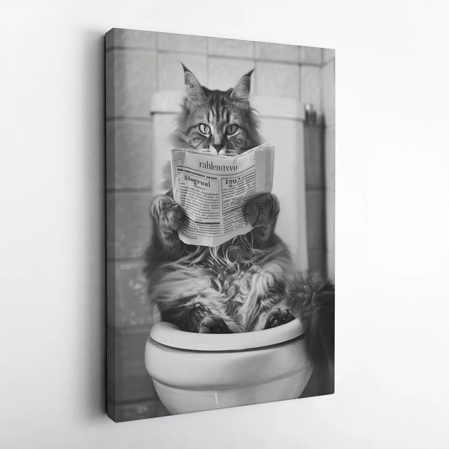 Funny Cat On Toilet Canvas Print | Black and White Animal Photography | Premium Thick Gallery Wrap | Funny Bathroom Decor Gift for Cat Lovers
