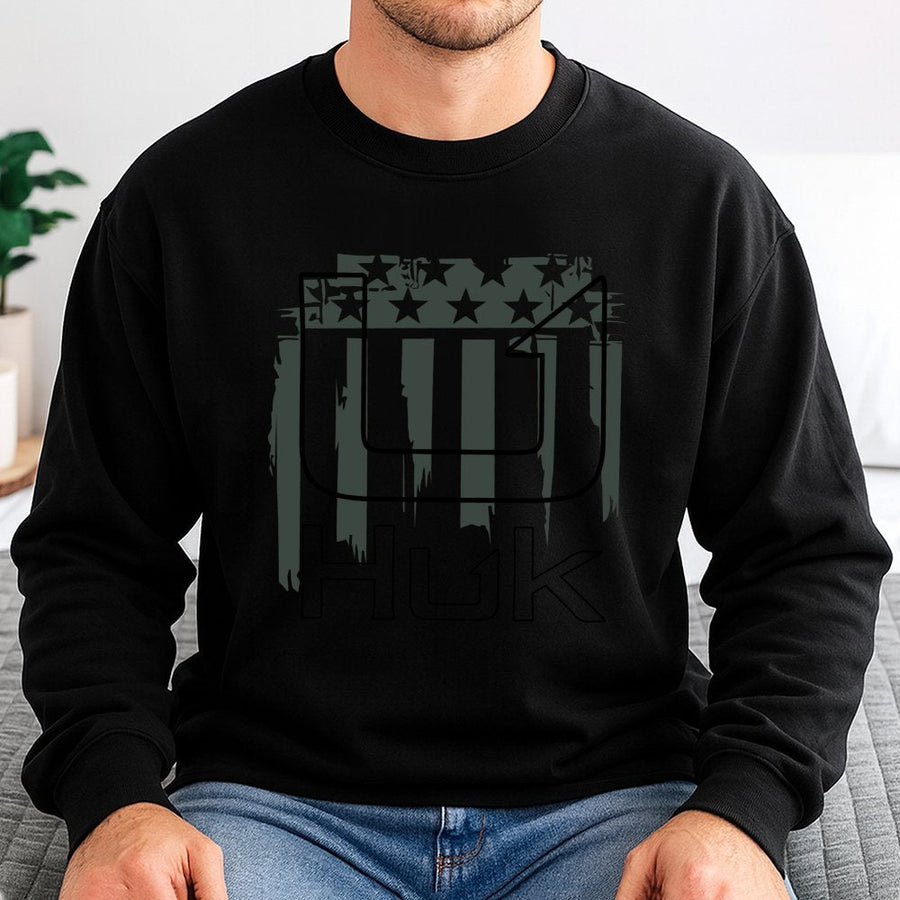 Distressed American Flag Sweatshirt | Tactical Army Green Graphic Print | Premium Cotton Blend | Unisex Patriotic Gift for Outdoorsmen