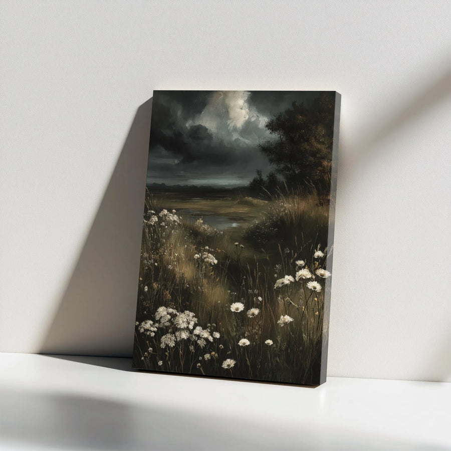 Moody Landscape Wall Art | Stormy Meadow With White Wildflowers | Premium Gallery Wrapped Canvas | Dark Academia Home Decor