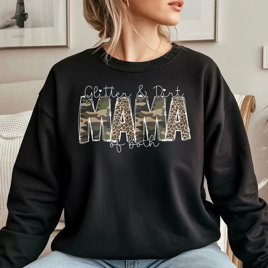 Mama of Both Sweatshirt | Glitter & Dirt Leopard and Camo Print | Soft Cotton Tee | Cute Boy and Girl Mom Gift
