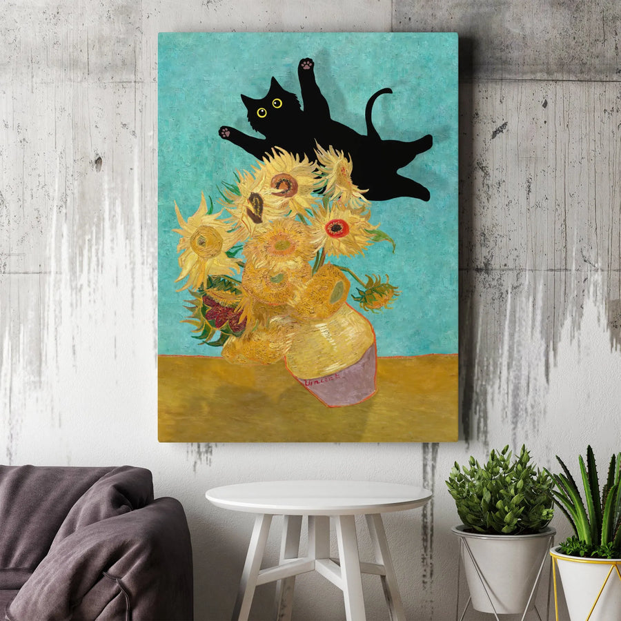 Funny Black Cat Van Gogh Canvas Print | Sunflowers Parody Painting | Premium Gallery Wrapped Art | Gift for Cat Lovers & Art History Fans