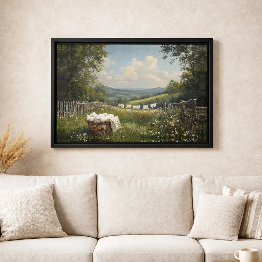Vintage Countryside Landscape Canvas | Wildflower Meadow Laundry Line Art | Premium Gallery Wrapped Print | Farmhouse Home Wall Decor