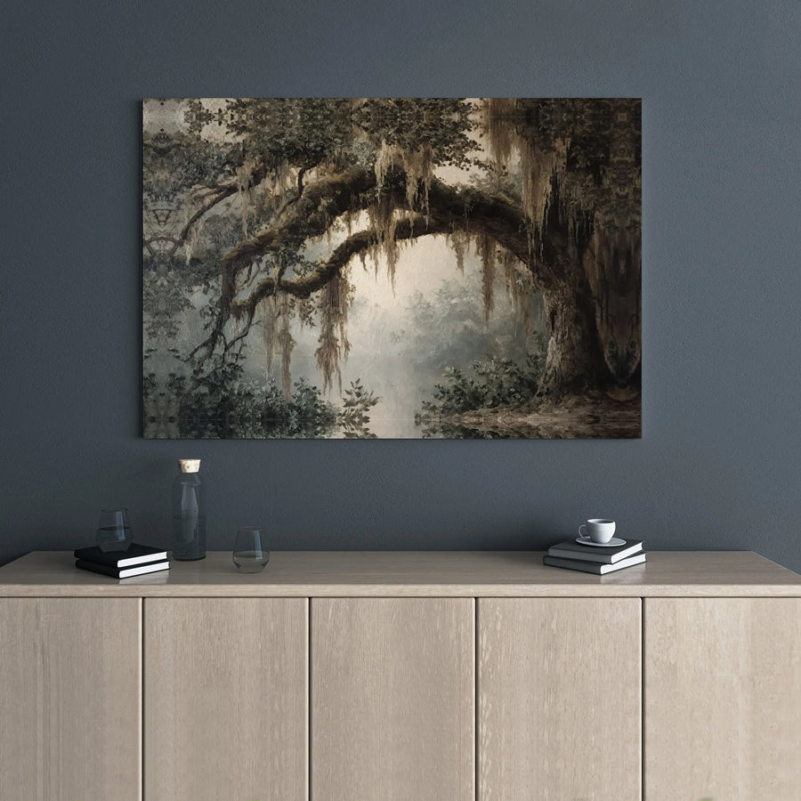 Misty Southern Oak Canvas Art | Moody Spanish Moss Landscape | Premium Gallery Wrap Wall Decor | Nature-Inspired Home Office Wall Hanging