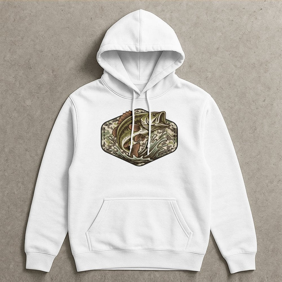 Bass Fishing Hoodie | Jumping Bass with Camo Background Design | Premium Cotton Blend | Gift for Angler Fisherman Dad Husband