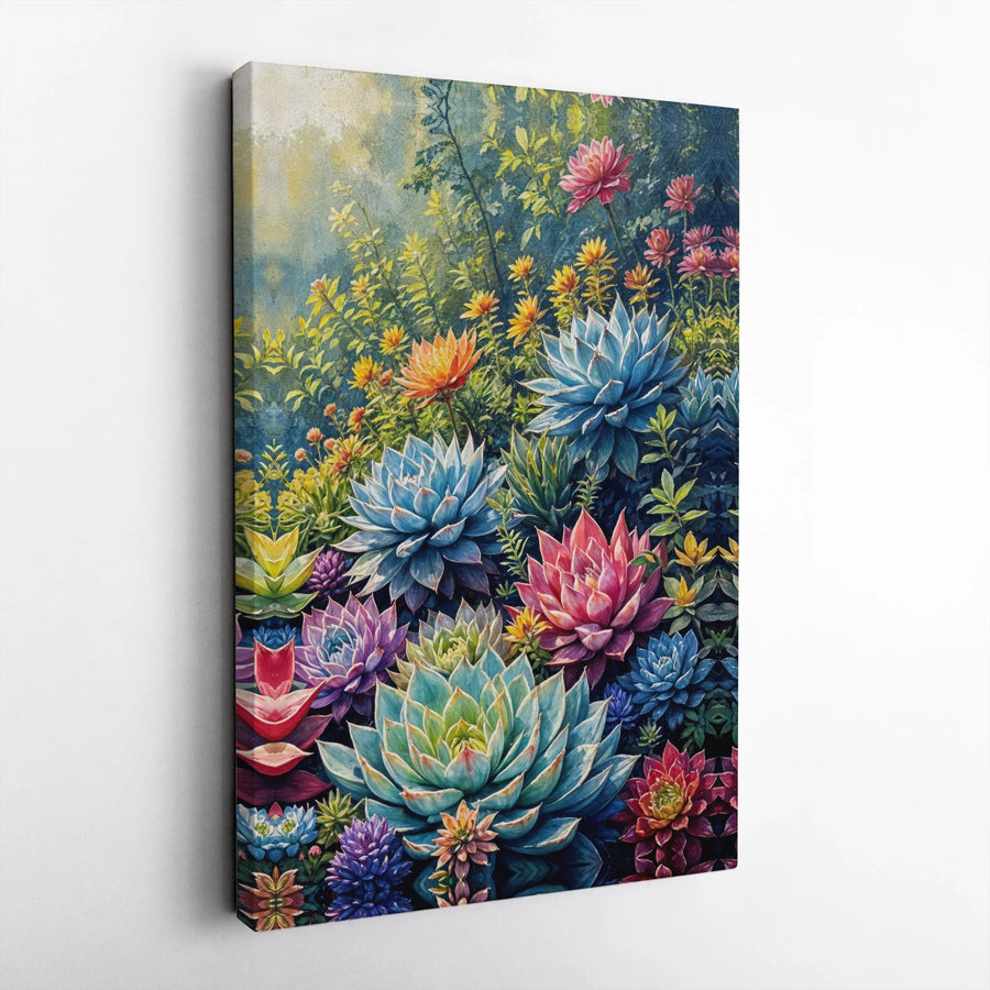 Vibrant Succulent Garden Canvas Wall Art | Colorful Botanical Painting | Premium Gallery Wrapped Canvas | Modern Home Decor Gift for Plant Lover
