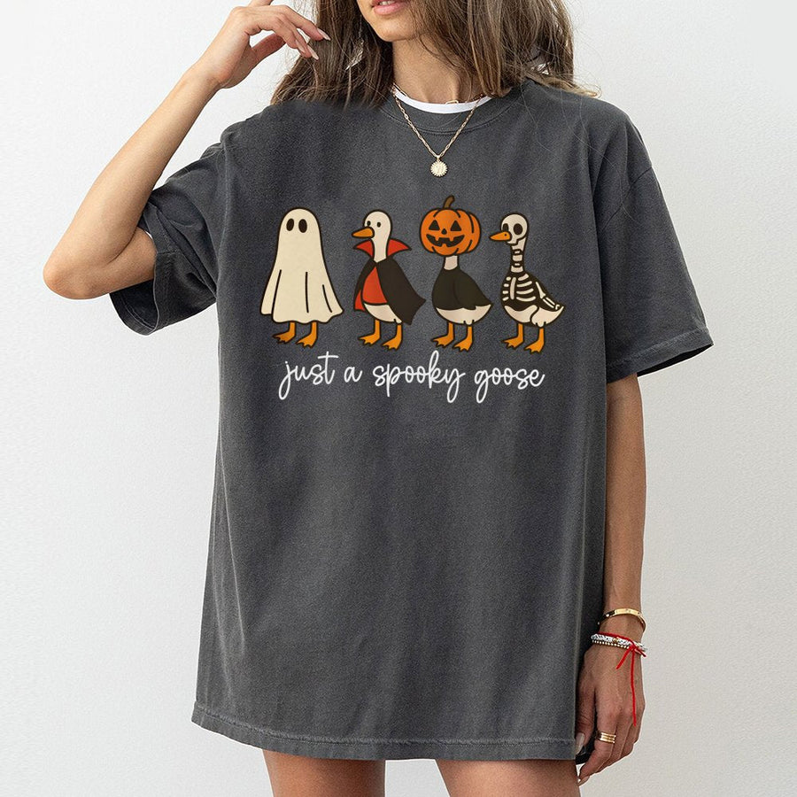 Spooky Goose Halloween T-Shirt | Cute Ghost Pumpkin Skeleton Duck Graphic | 100% Cotton Premium Tee | Funny Fall Gift for Goose Lovers