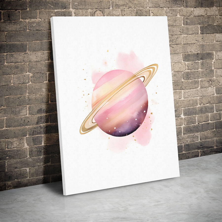 Pink Saturn Planet Canvas Wall Art | Watercolor Space Theme Print | 1.25-Inch Gallery Wrap | Modern Nursery Or Office Decor