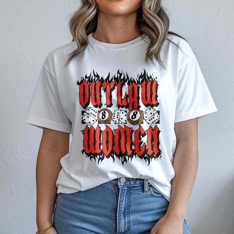 Outlaw Women Graphic T-Shirt | Retro 8 Ball Dice Flame Design | Premium Cotton Vintage Style Tee | Edgy Cowgirl Western Gift For Her