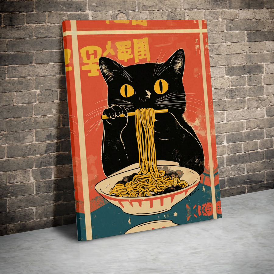 Black Cat Ramen Wall Art | Vintage Japanese Anime Style Poster | 1.25-Inch Premium Gallery Canvas | Unique Kitchen Decor Gift for Cat Lovers