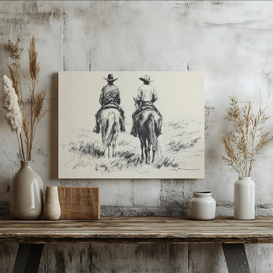 Two Cowboys On Horseback Canvas Print | Western Sketch Wall Art | Gallery Wrapped 1.25 Inch Premium Decor | Rustic Farmhouse Gift For Him