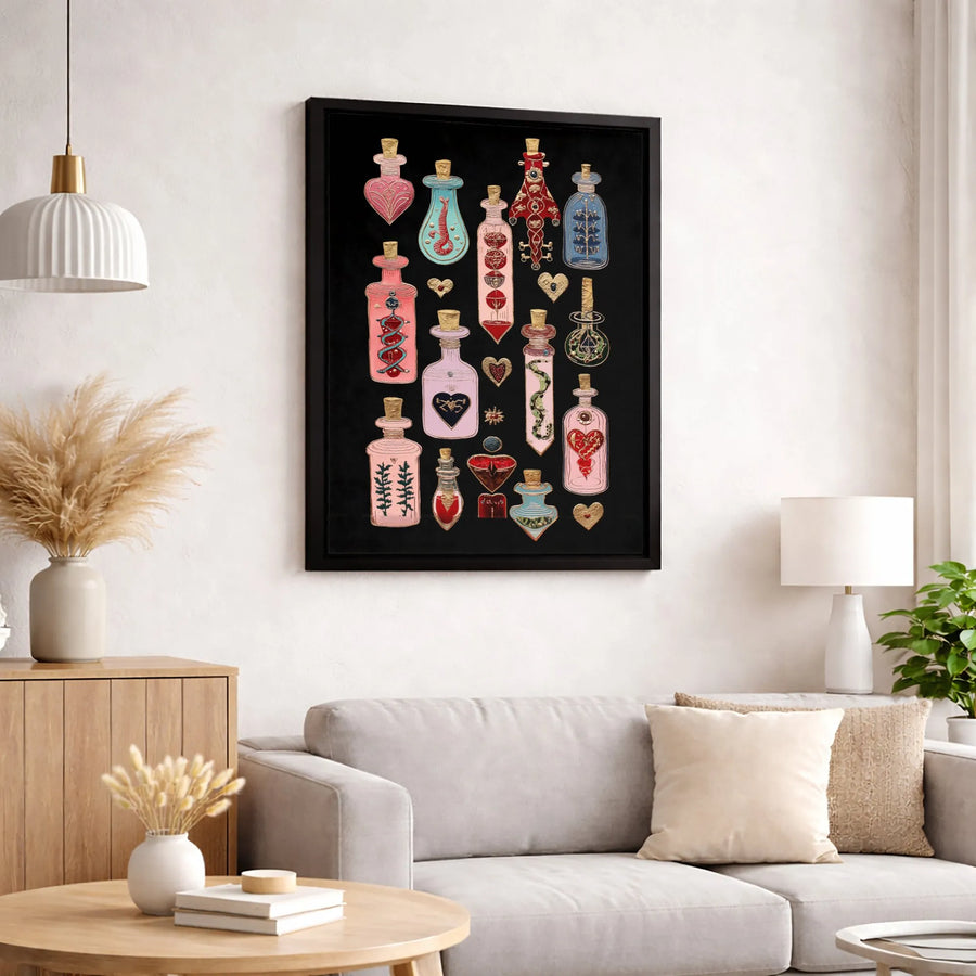 Witchcraft Love Potions Canvas Art | Gothic Magic Potion Bottle Print | Premium 1.25 Inch Gallery Wrap | Spooky Home Decor Gift