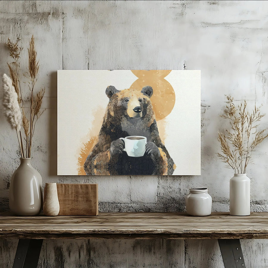 Bear Drinking Coffee Canvas Wall Art | Whimsical Animal Watercolor Decor | Premium Fade-Resistant Print | Cozy Cabin Home Office Gift