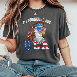 My Pronouns Are USA Eagle T-Shirt | Mullet Wearing American Flag Bald Eagle Graphic | 100% Cotton Premium Tee | Funny Patriotic 4th of July Gift for Adults