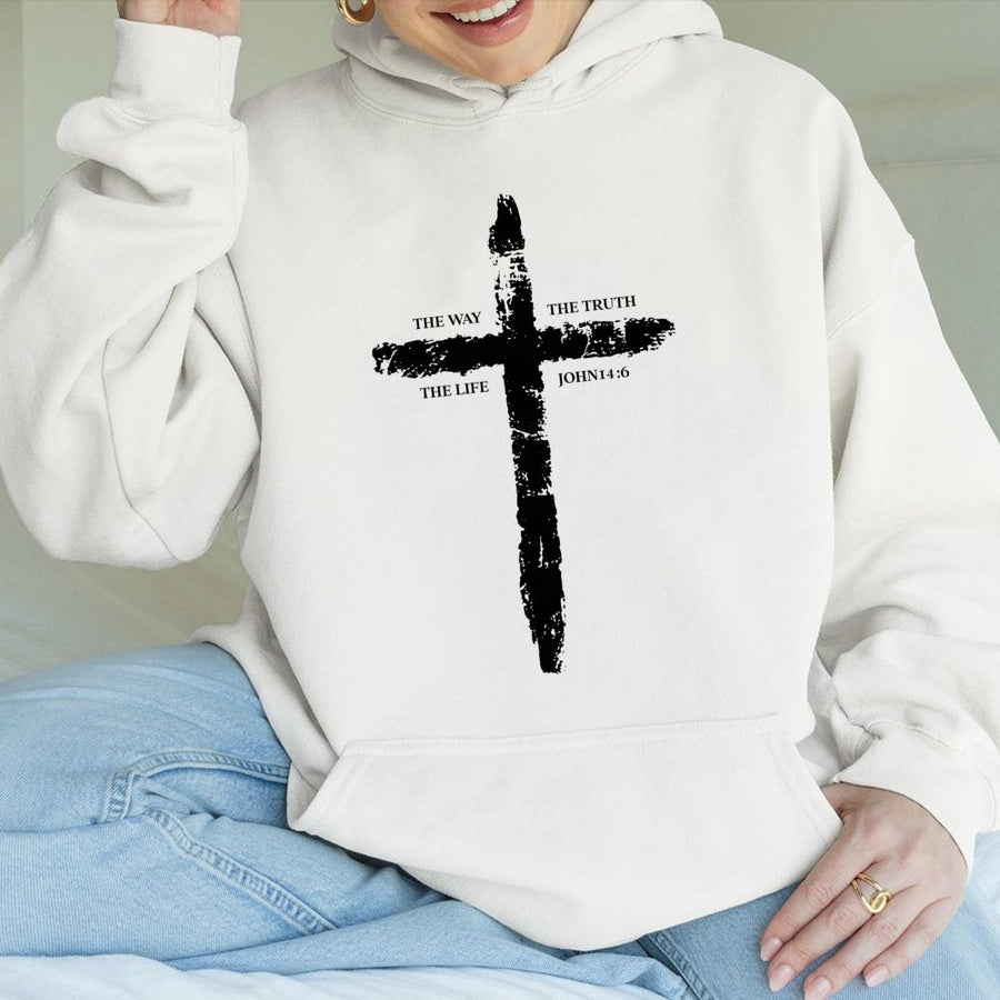 The Way The Truth The Life Hoodie | Distressed Cross Bible Verse Design | Premium Cotton-Poly Blend | Minimalist Christian Gift for Men and Women