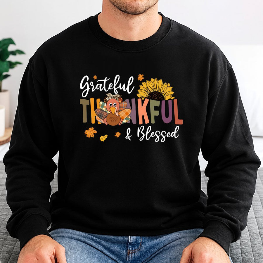 Grateful Thankful Blessed Sweatshirt | Cute Turkey Sunflower Fall Design | Cotton Blend Crewneck | Thanksgiving Gift For Women And Families