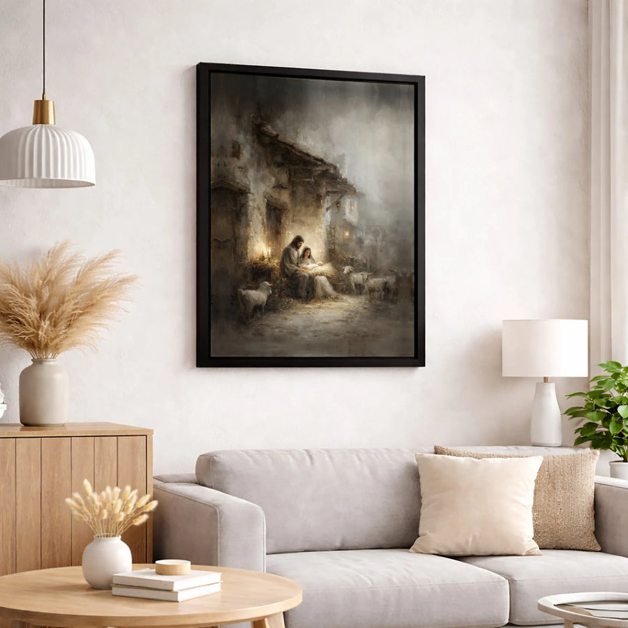 Nativity Scene Canvas Print | Holy Family and Lambs Wall Art | 1.25 Inch Premium Gallery Wrap | Christian Christmas Home Decor Gift