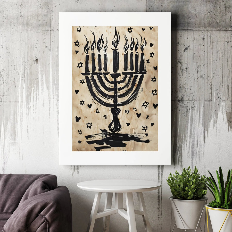 Hanukkah Menorah Canvas Wall Art | Brush Stroke Jewish Holiday Decor | Premium Gallery Wrap Print | Festive Gift for Jewish Home