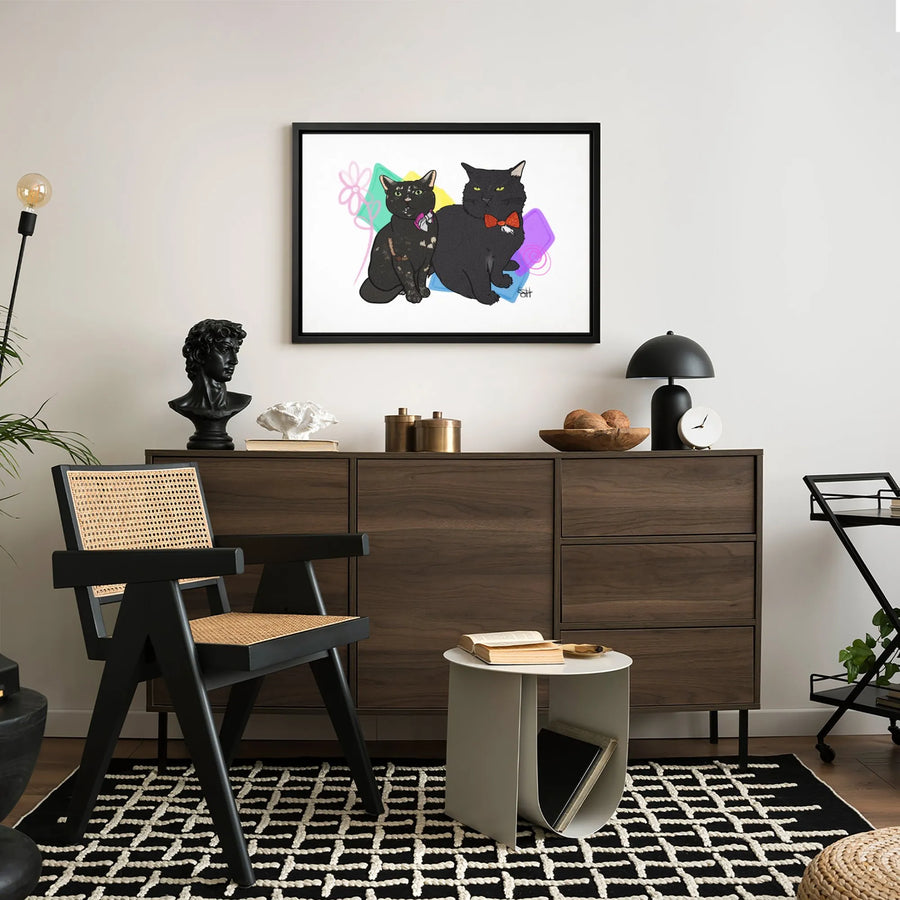 Two Cats Canvas Wall Art | Dapper Tortie and Black Cat Bow Tie Portrait | Premium Gallery Wrapped Decor | Gift for Cat Lovers