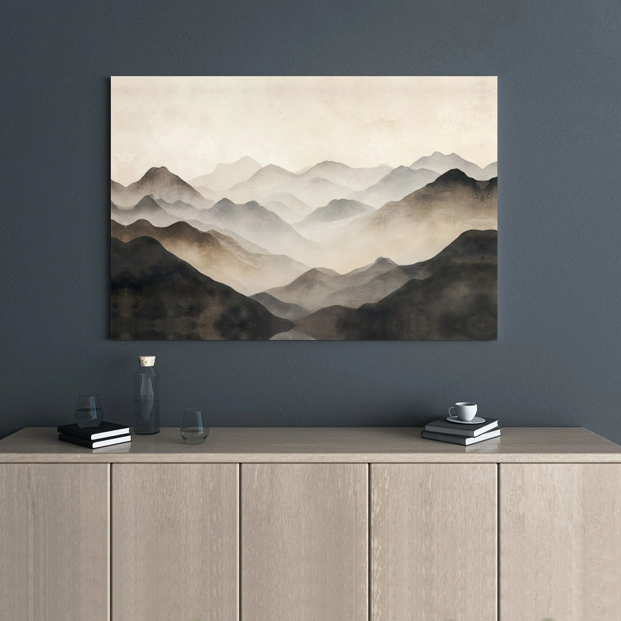 Misty Mountain Landscape Canvas | Minimalist Neutral Nature Wall Art | 1.25-Inch Gallery Wrap | Modern Home Office Decor