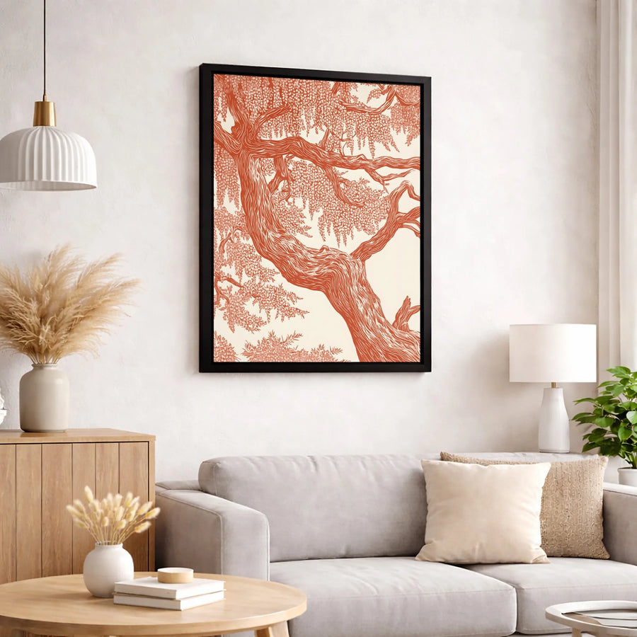 Wisteria Tree Canvas Wall Art | Orange Linocut Style Botanical Print | Premium Fade-Resistant 1.25" Gallery Wrap | Modern Home Decor Gift