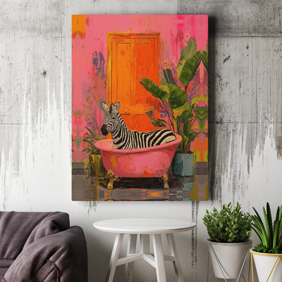 Surreal Zebra Canvas Print | Colorful Animal in Pink Tub Art | Premium Gallery Wrapped Canvas | Eclectic Bathroom Wall Decor Gift