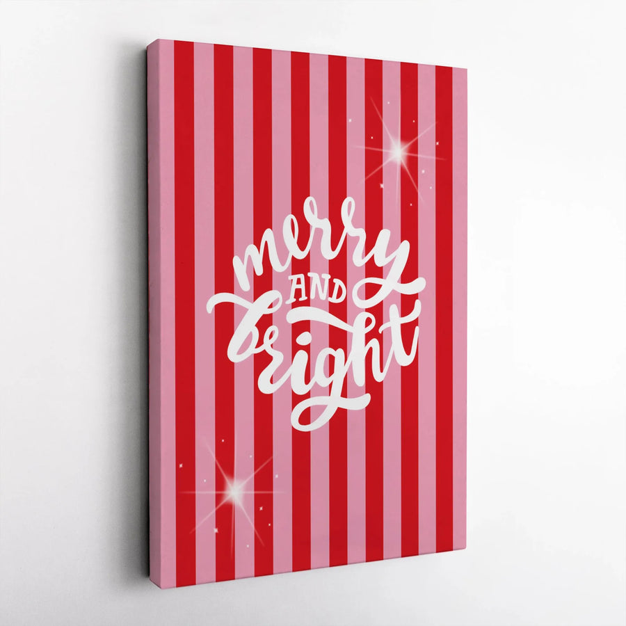 Merry and Bright Wall Art | Festive Red and Pink Striped Canvas | Premium Fade-Resistant Print | Holiday Home Decor Gift