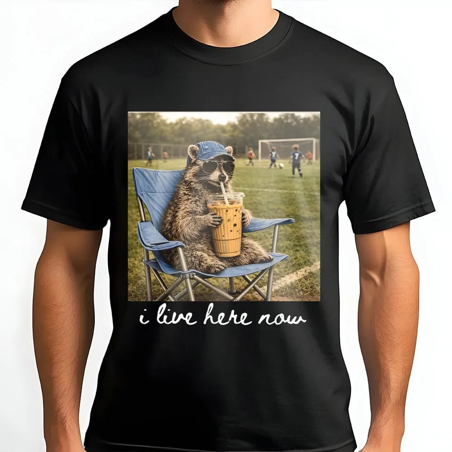 Funny Soccer Mom T-Shirt | Raccoon with Iced Coffee Graphic Tee | Soft Cotton Sideline Shirt | Game Day Tournament Gift for Moms