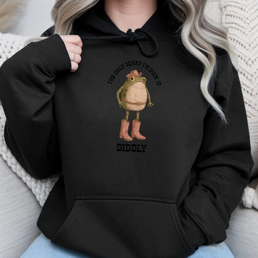 Cowboy Frog Hoodie | Funny Diddly Squat Gym Quote | Premium Cotton Comfort Colors | Sarcastic Western Humor Gift for Men and Women
