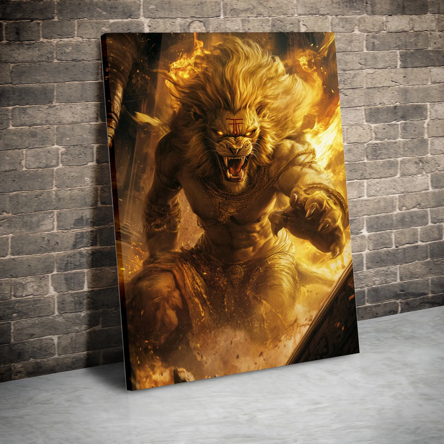 Narasimha Canvas Wall Art | Fierce Hindu Lion God Deity Print | Premium Gallery Wrapped Decor | Spiritual Home Office Gift