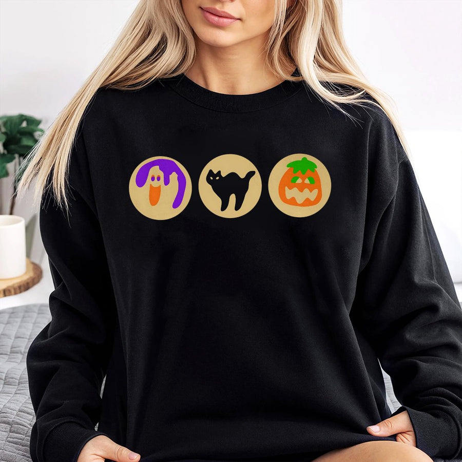 Halloween Cookie Sweatshirt | Ghost Black Cat Pumpkin Graphic | Soft Cotton Blend Crewneck | Spooky Season Gift For Women And Men