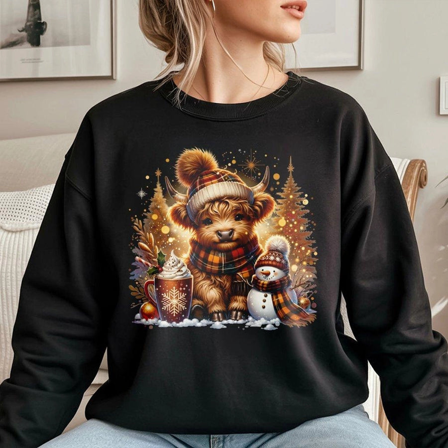 Highland Cow Christmas Sweatshirt | Cute Winter Animal Design with Snowman & Cocoa | Premium Soft Cotton Blend | Holiday Gift for Animal Lovers