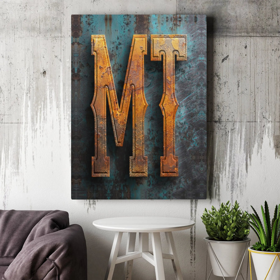 Industrial MT Monogram Canvas | Rusted Metal Effect Print | Premium Gallery Wrapped Canvas | Gift for Men | Man Cave & Garage Decor
