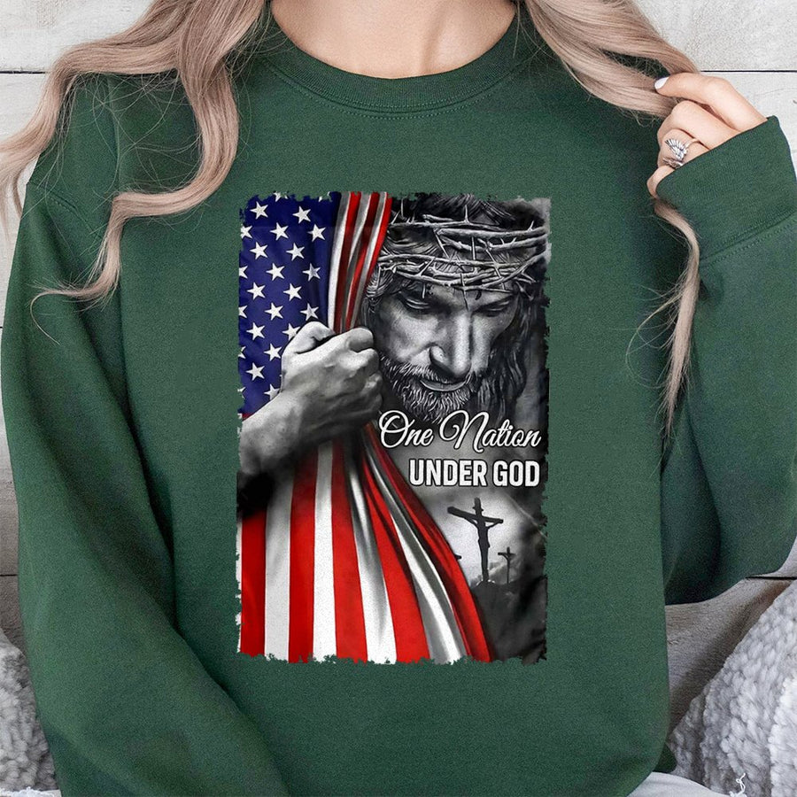 One Nation Under God Sweatshirt | Patriotic American Flag & Jesus Graphic | Premium Cotton Blend | Faith & Country Gift For Men And Women
