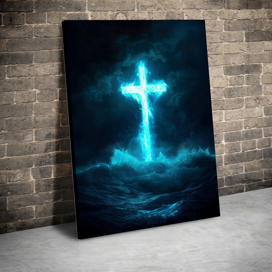 Glowing Cross Canvas Wall Art | Stormy Sea of Faith Religious Print | Premium Frameless Canvas | Christian Home Decor Gift