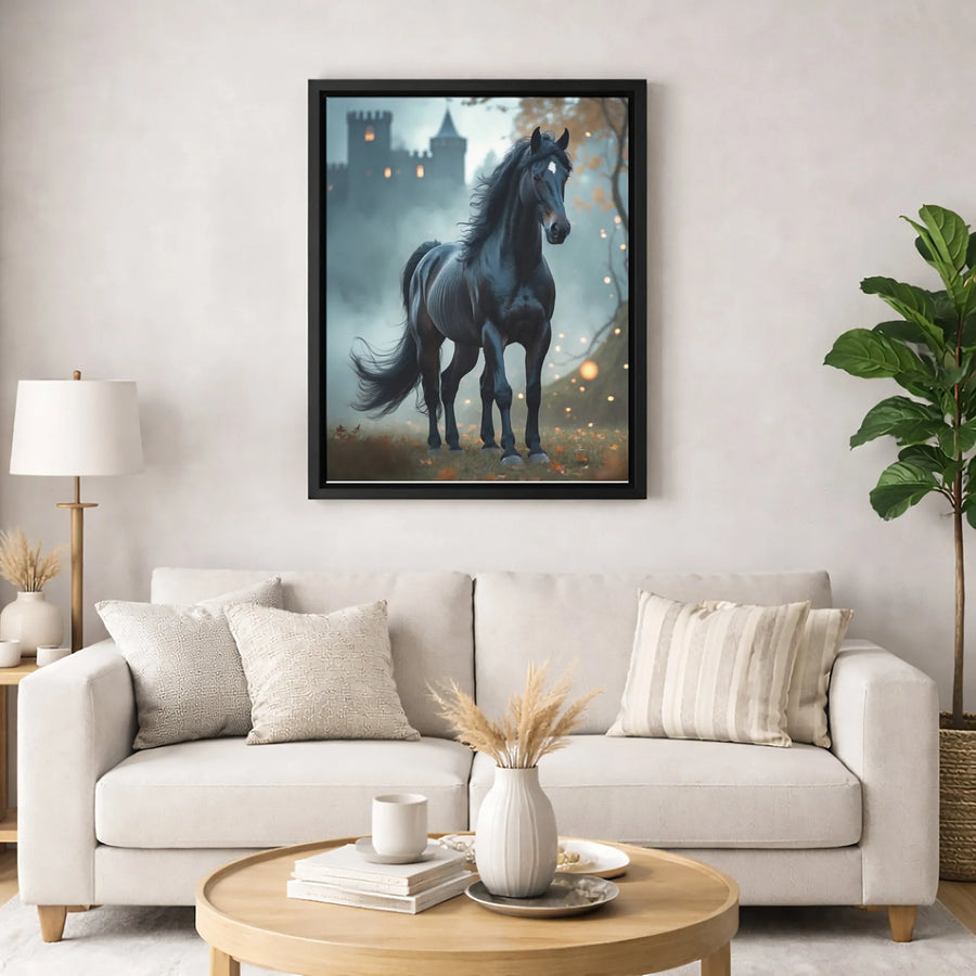 Black Horse Wall Art | Gothic Misty Castle Forest Canvas Print | Premium Fade-Resistant Gallery Wrap | Moody Equestrian Home Decor Gift