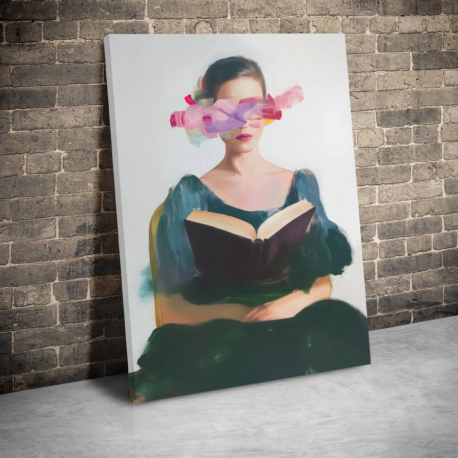 Abstract Woman Reading Canvas Print | Surreal Brushstroke Eyes Artwork | Premium Gallery Wrap Wall Art | Contemporary Decor For Book Lovers