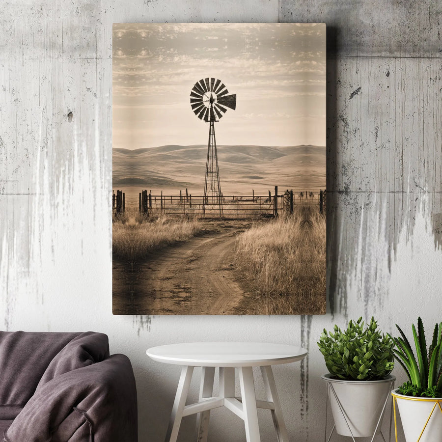 Rustic Windmill Canvas Wall Art | Sepia Farm Landscape Print | Premium Gallery Wrap Decor | Farmhouse Country Home Gift for Living Room