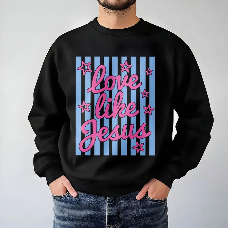 Love Like Jesus Sweatshirt | Retro Striped Christian Graphic | Cozy Cotton Blend Pullover | Faith Based Apparel Gift for Women