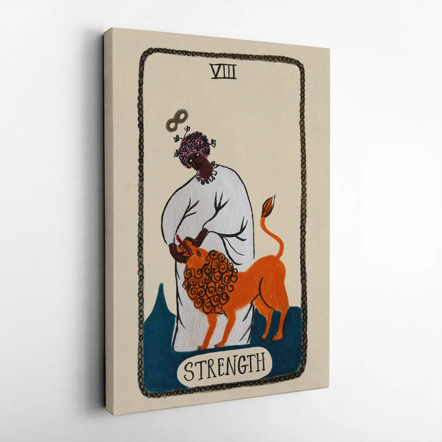 Strength Tarot Card Wall Art | Folk Art Style Black Woman and Lion | Premium Gallery Wrapped Canvas | Spiritual Home Decor Gift